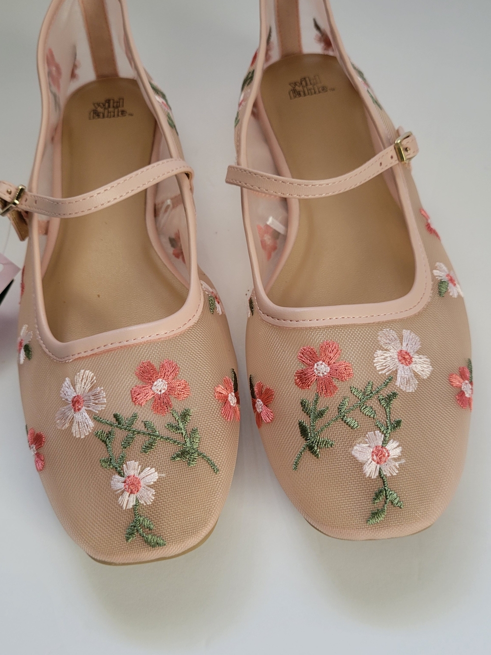 Floral Embroidered Mesh Mary Jane Flats - Pink Floral